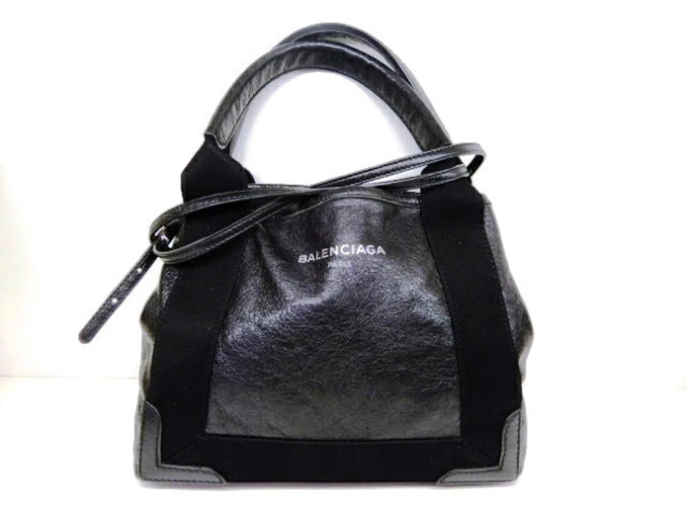 Balenciaga Tote Bag Navy Blue Cabas Canvas Calfskin Black